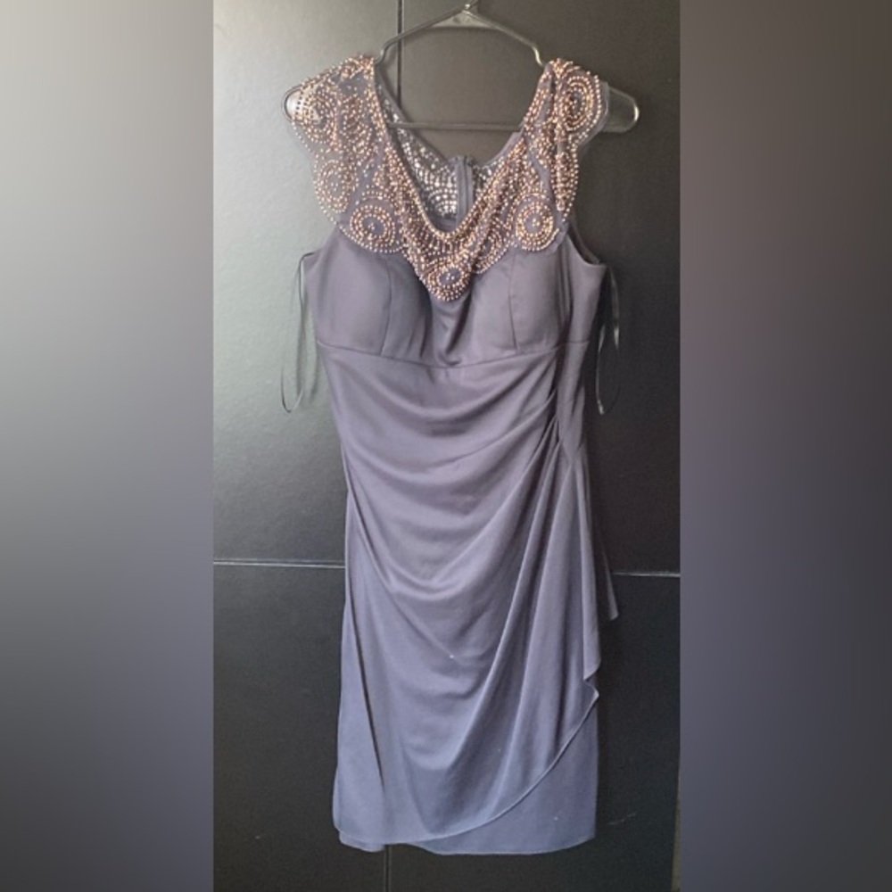 Xscape Navy Blue Asymmetrical Cocktail Dress with Beaded Neckline